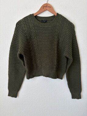 Current Air Sweater Womens XS Olive Green Cropped Cable Knit Weave Boho Top